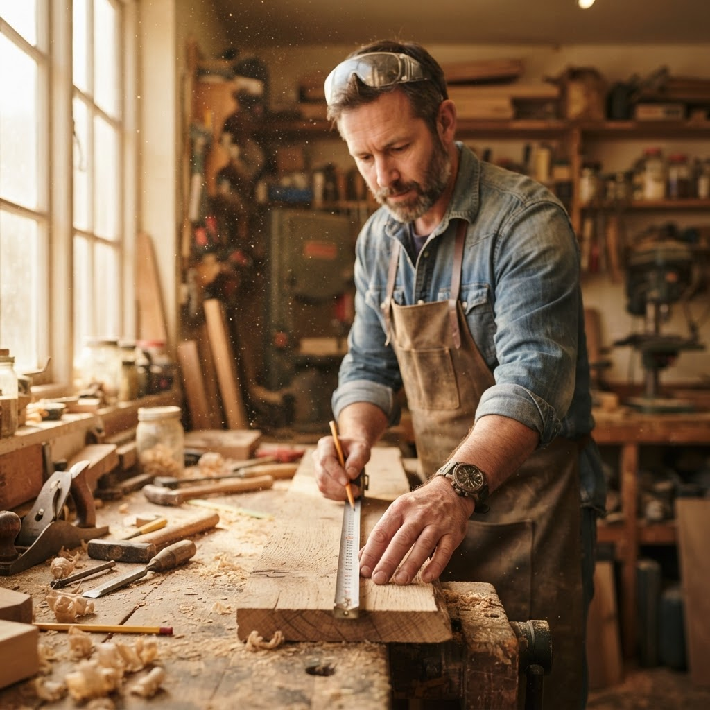 A carpenter measuring lumber in a workshop, tracking materials and labor for the job