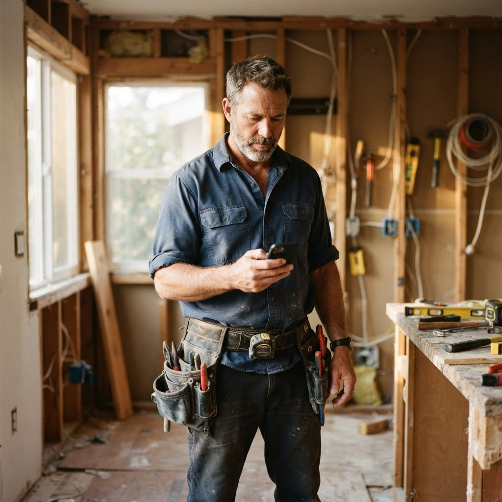A contractor standing at a job site building an invoice on his phone