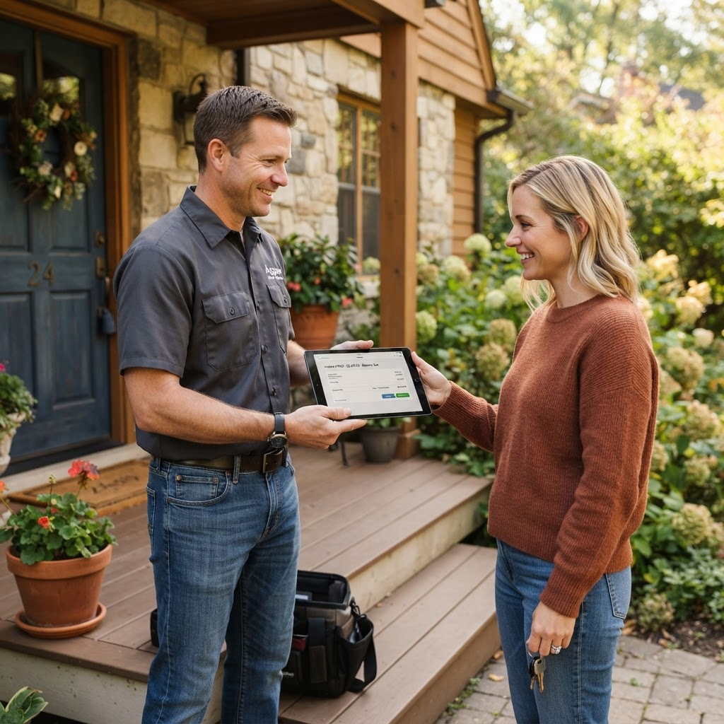 A homeowner tapping to pay an invoice on a tablet the contractor is holding at her front door