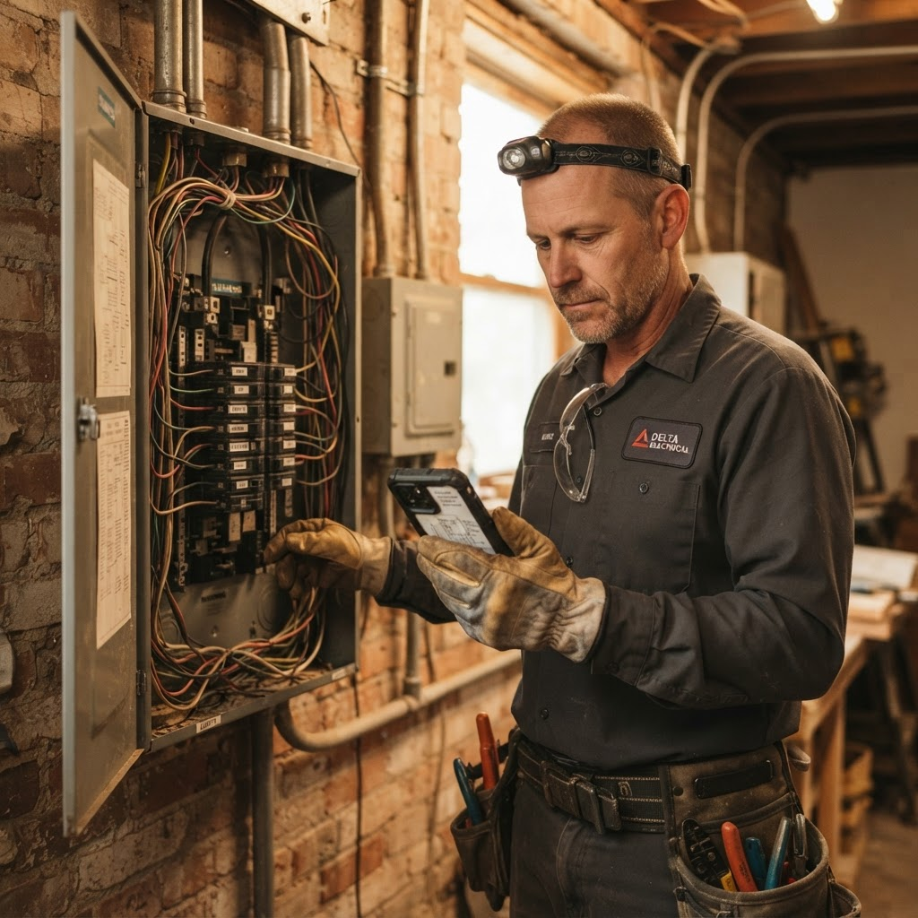An electrician working at an open panel with a phone in hand