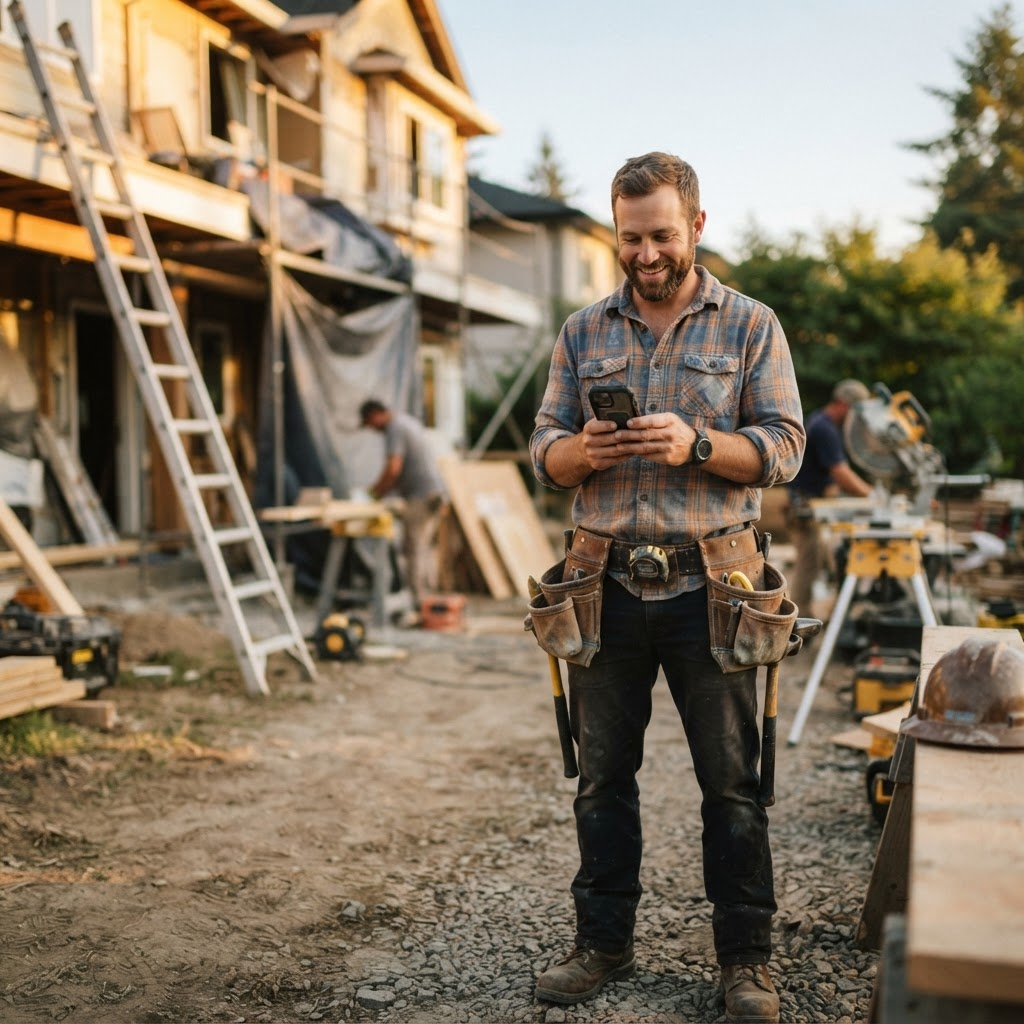 A contractor on a sunny residential job site checking his phone between tasks