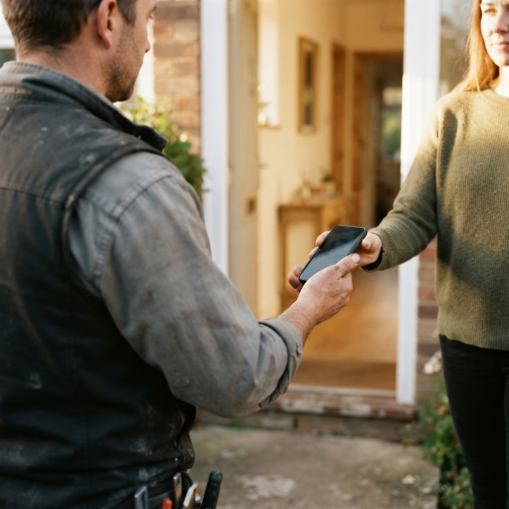 A contractor handing his phone to a homeowner in a doorway so she can pay for the job on the spot