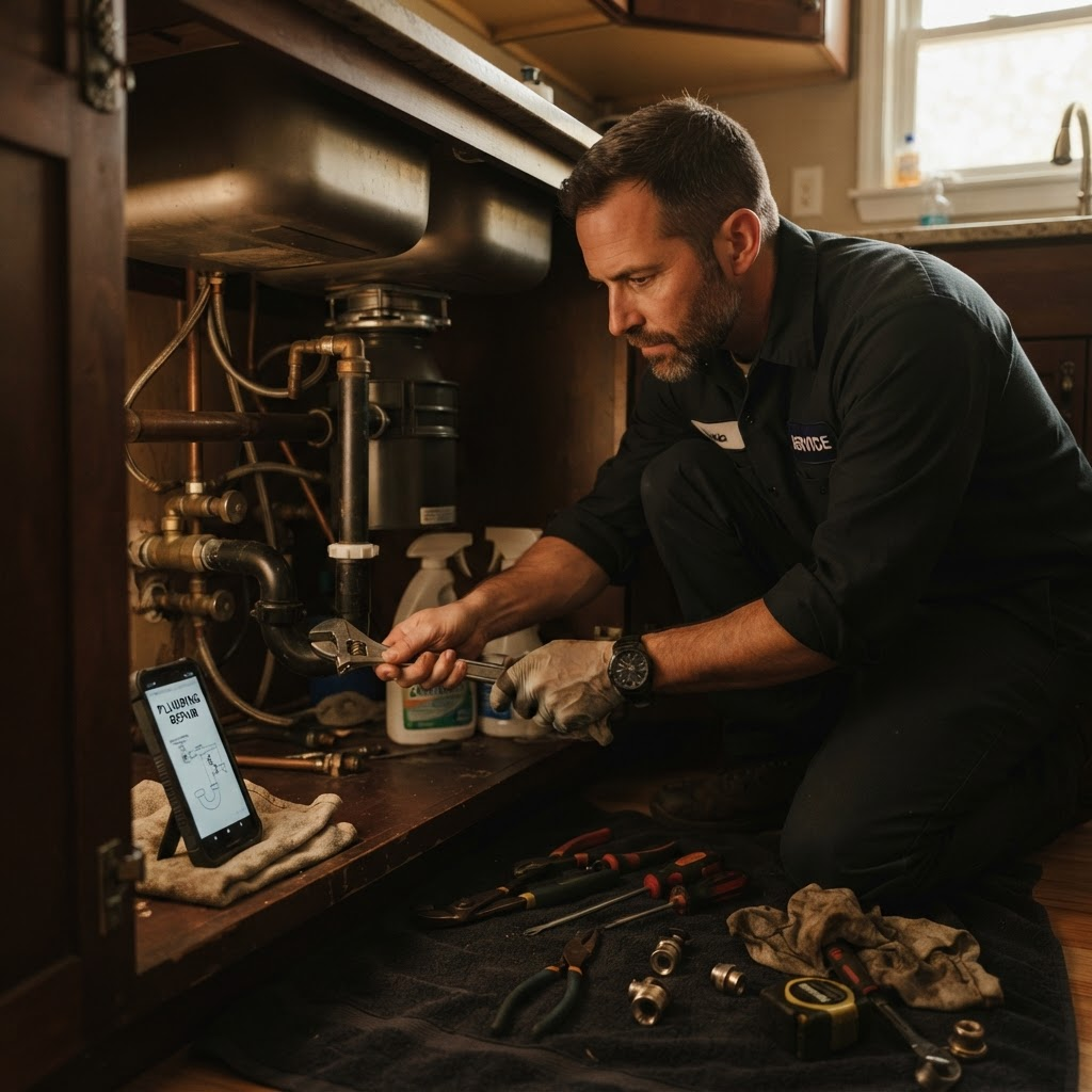 A plumber under a sink with a wrench and tools laid out