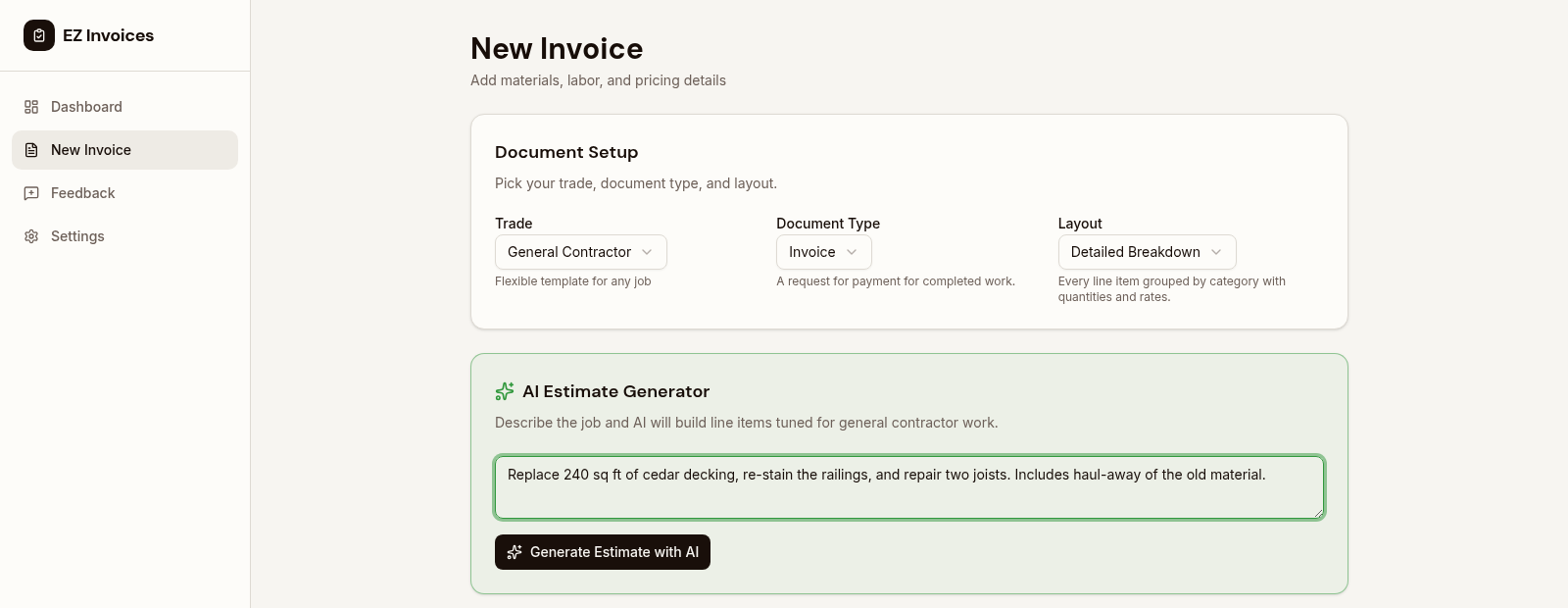 An itemized estimate breaking out materials, labor, and markup with live margin totals