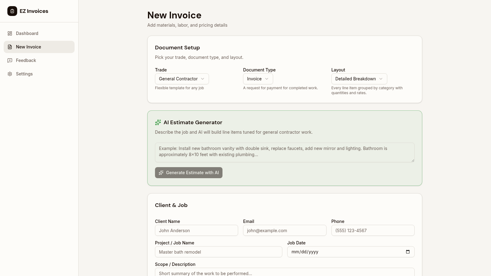 The invoice builder with line items, quantities, and markup ready to convert from an estimate