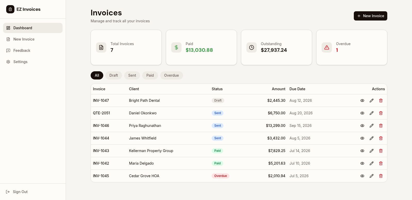 The EZ Invoices dashboard showing a list of professional invoices with statuses and totals