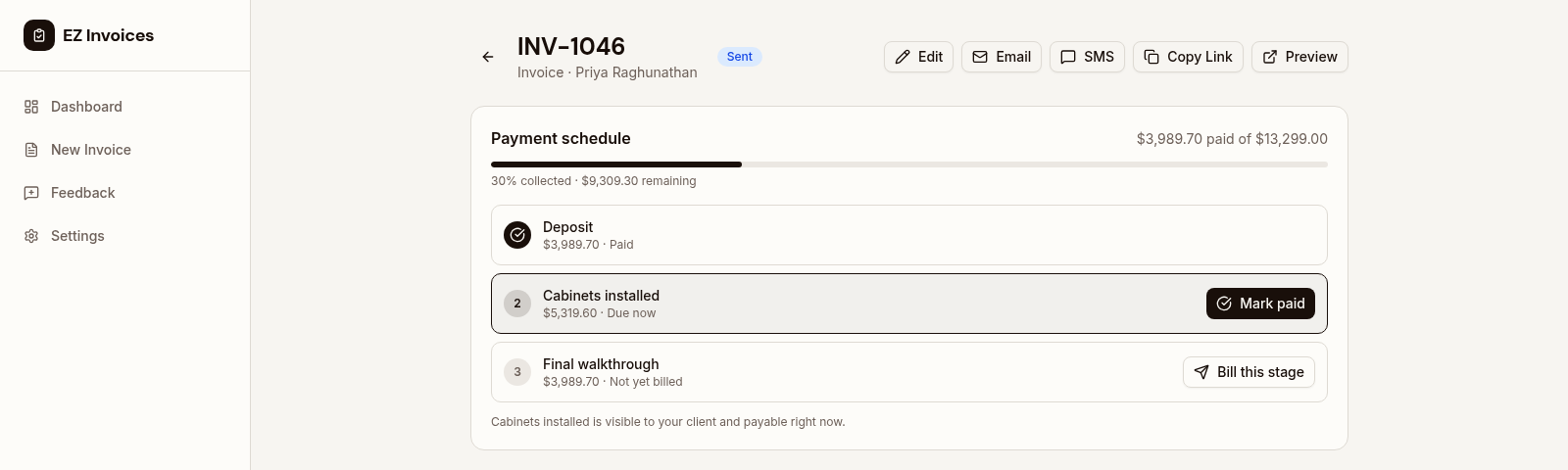 An invoice split into deposit, progress, and final payment stages