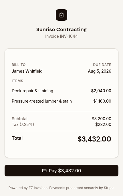 The customer-facing payment page on a phone with an itemized total and a pay by card button