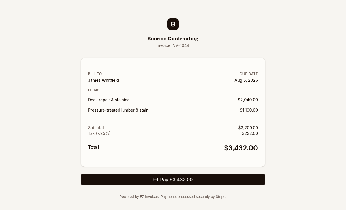 The customer-facing payment page with a pay by card button